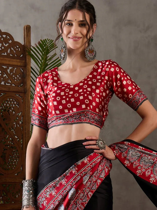 Black Semi Modal Saree With Blouse Piece - EZBER