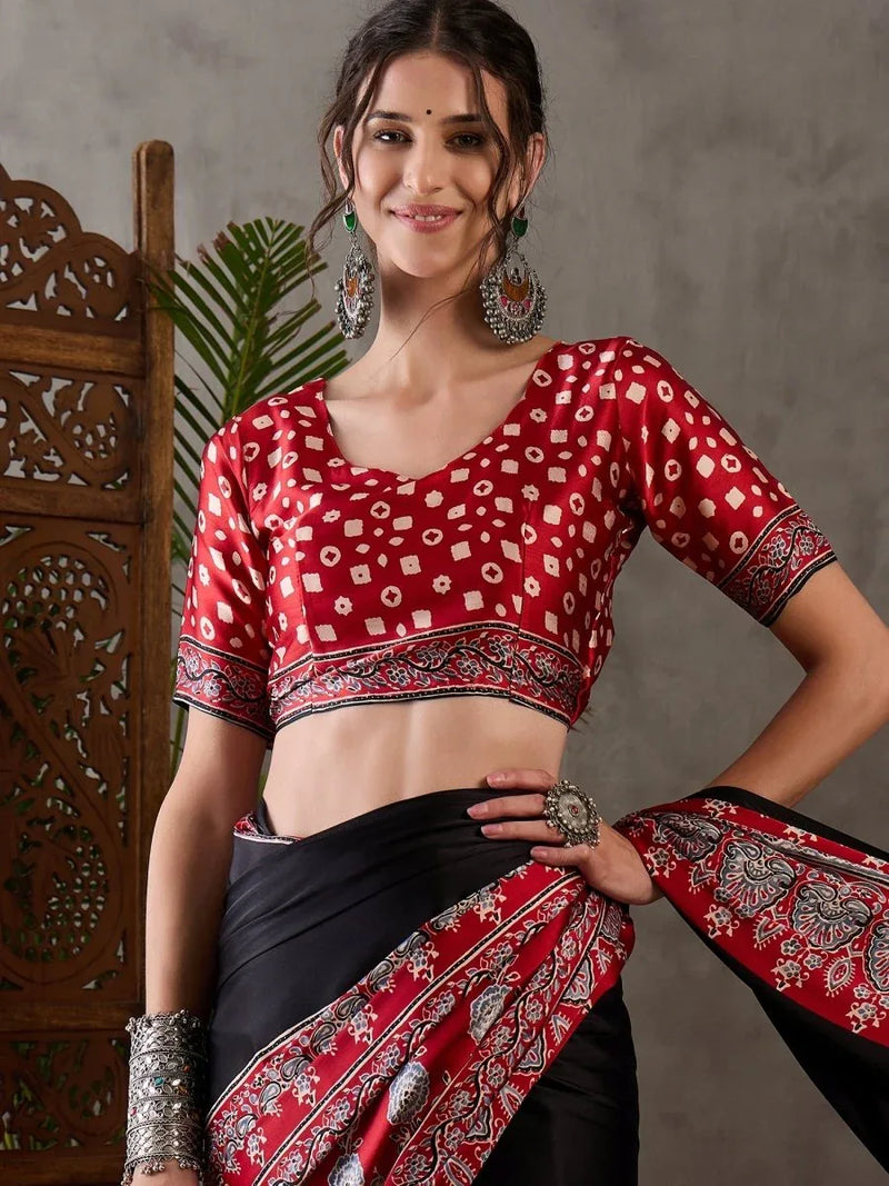 Black Semi Modal Saree With Blouse Piece - EZBER