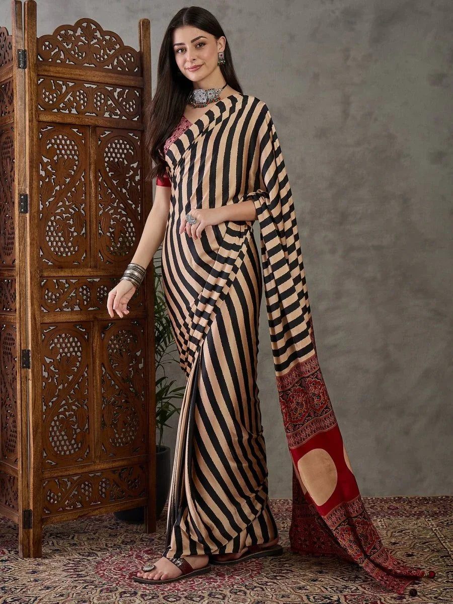 Black Semi Modal Saree With Blouse Piece - EZBER