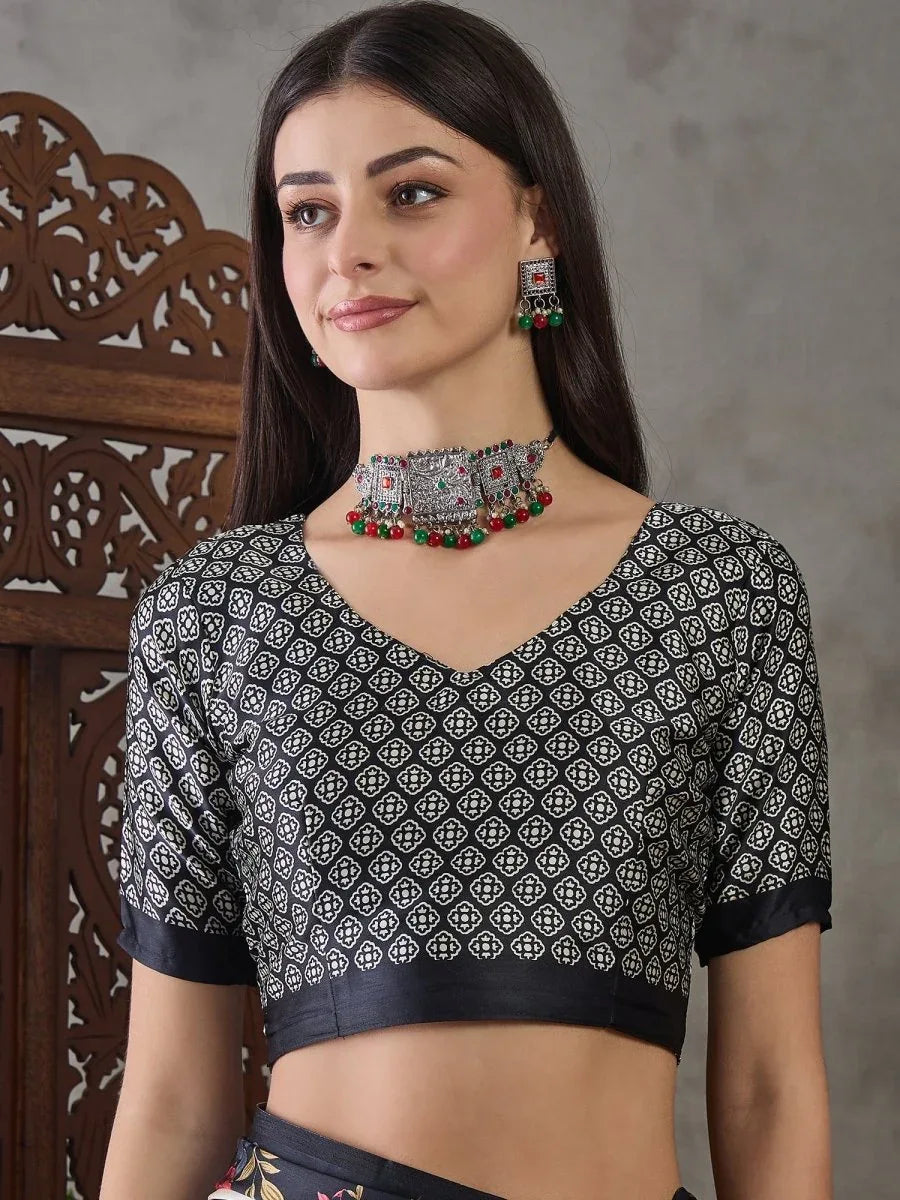 Black Semi Modal Saree With Blouse Piece - EZBER