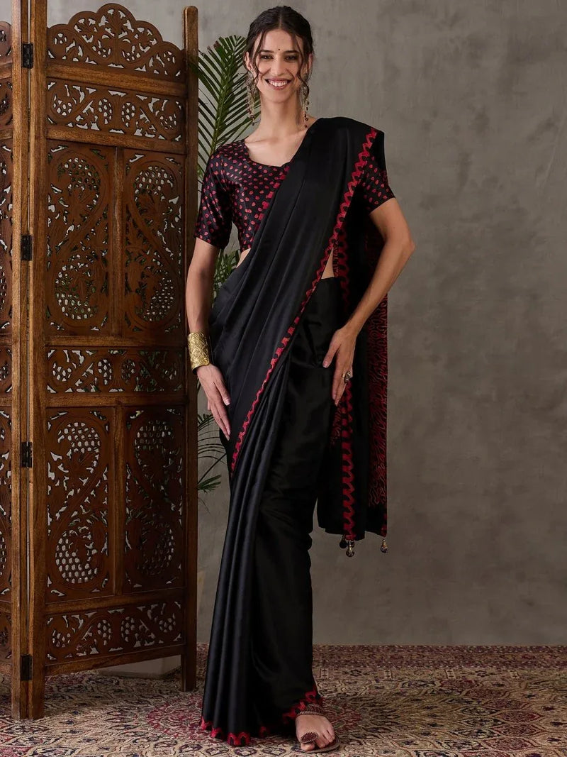 Black Semi Modal Saree With Blouse Piece - EZBER