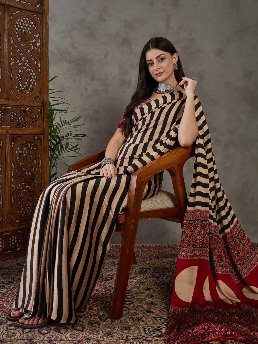 Black Semi Modal Saree With Blouse Piece - EZBER