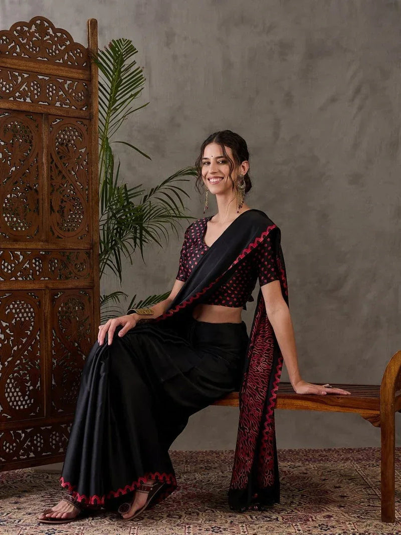 Black Semi Modal Saree with Blouse Piece  | EZBER