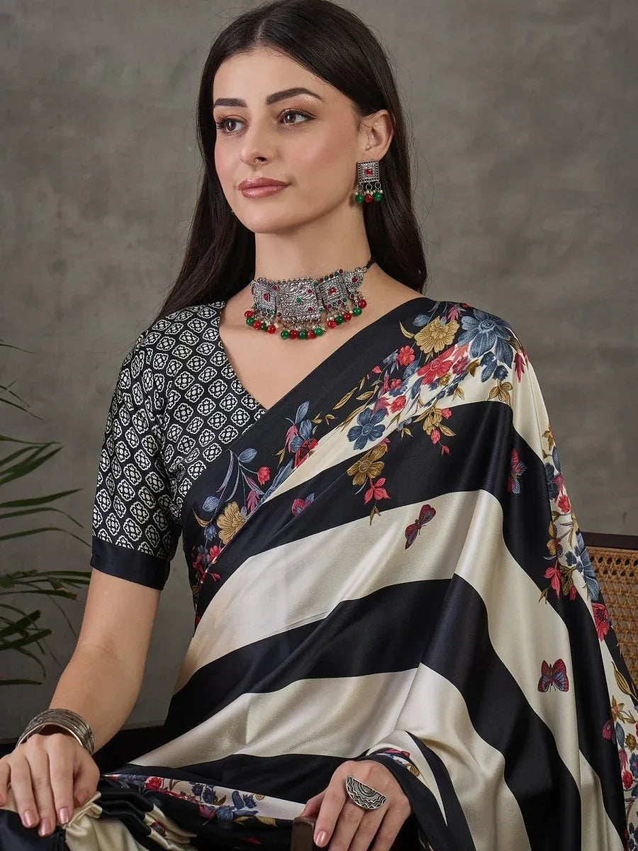 Black Semi Modal Saree With Blouse Piece - EZBER