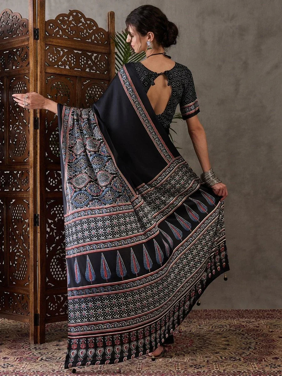 Black Semi Modal Saree With Blouse Piece - EZBER