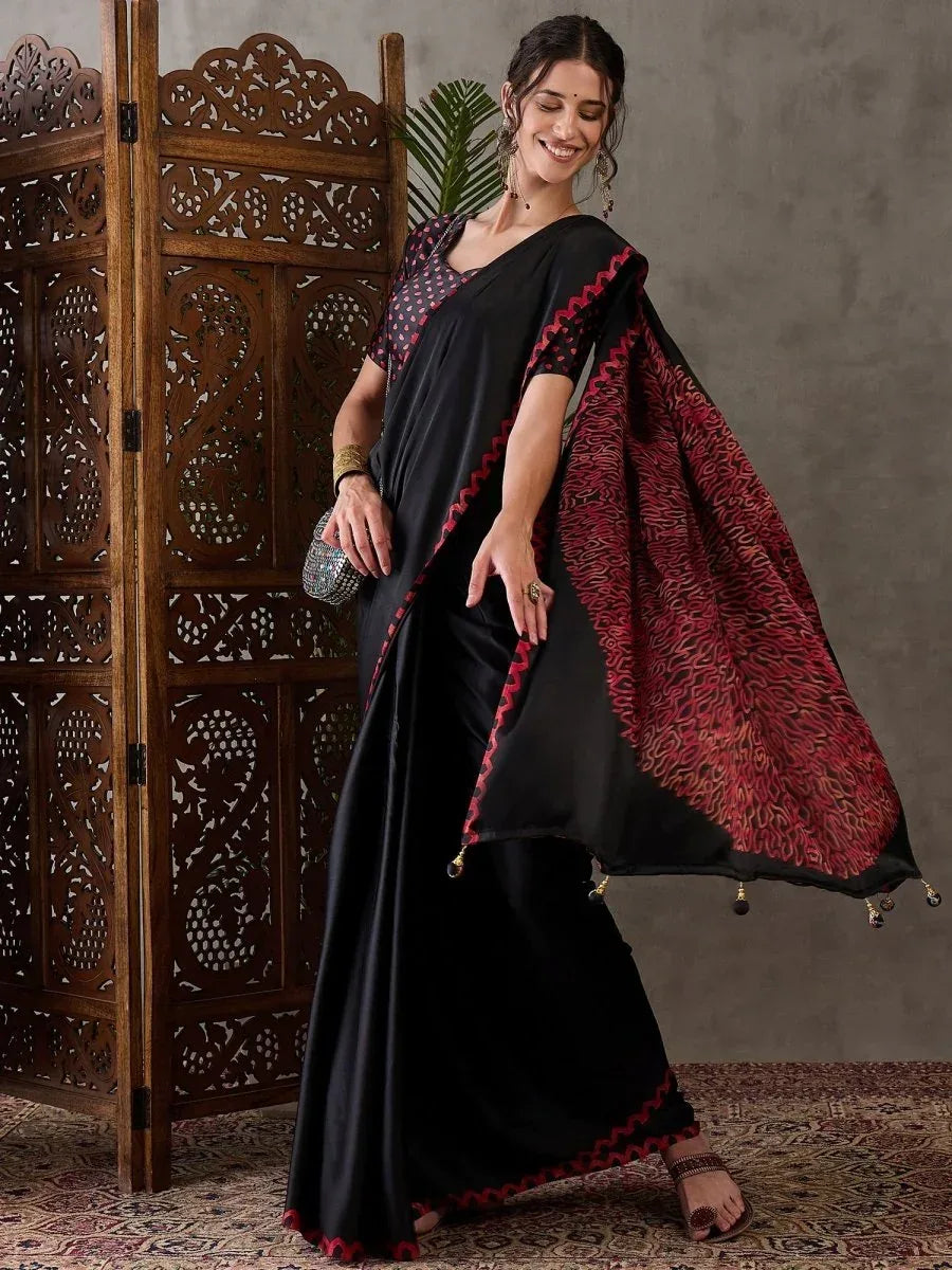 Black Semi Modal Saree with Blouse Piece  | EZBER
