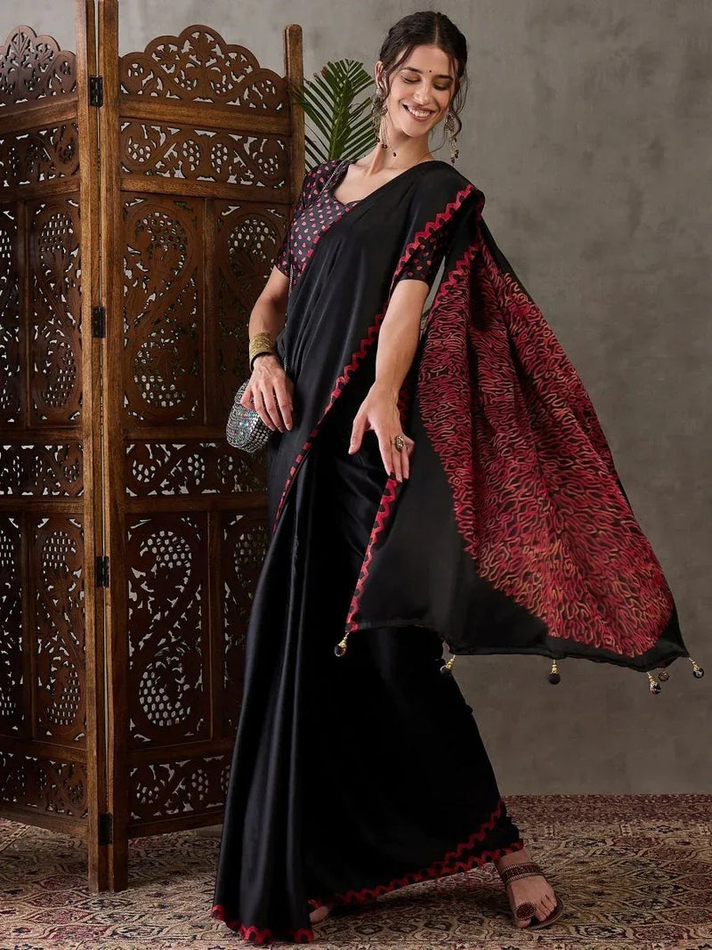 Black Semi Modal Saree with Blouse Piece  | EZBER