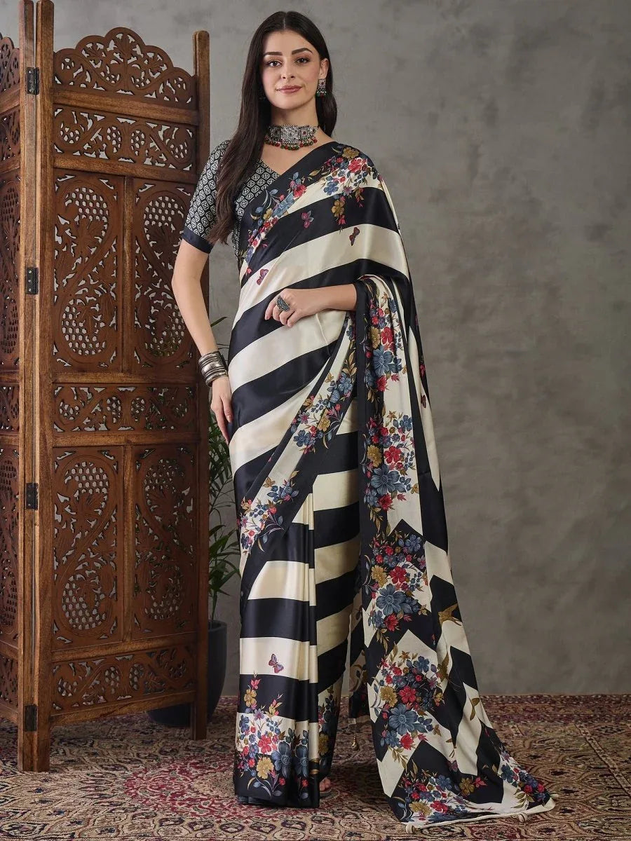 Black Semi Modal Saree With Blouse Piece - EZBER