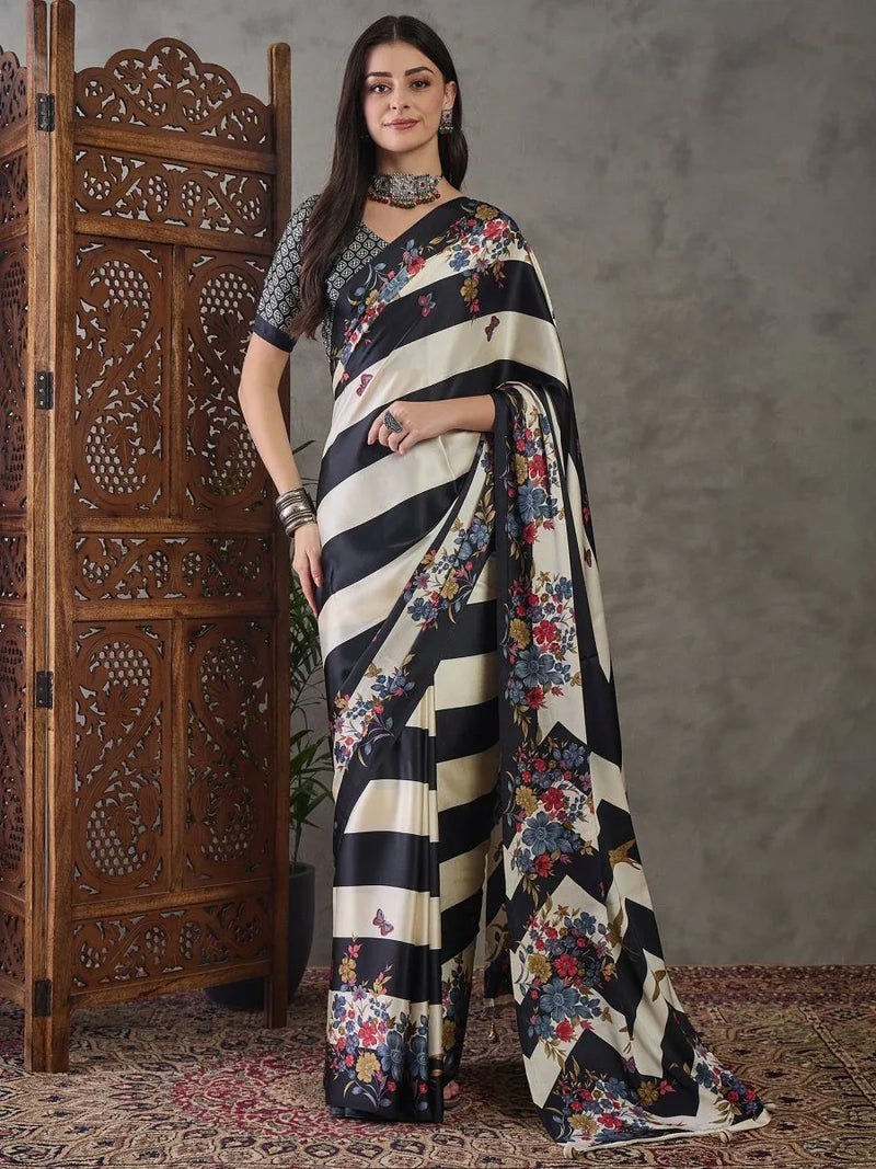 Black Semi Modal Saree With Blouse Piece - EZBER