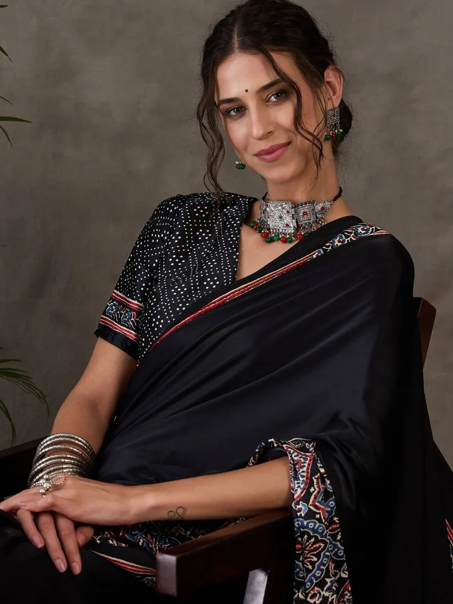 Black Semi Modal Saree With Blouse Piece - EZBER