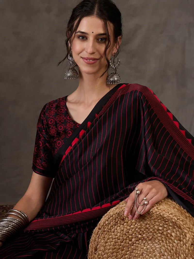 Black Semi Modal Saree With Blouse Piece - EZBER