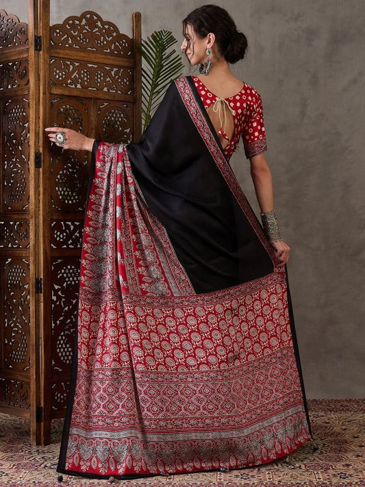 Black Semi Modal Saree With Blouse Piece - EZBER