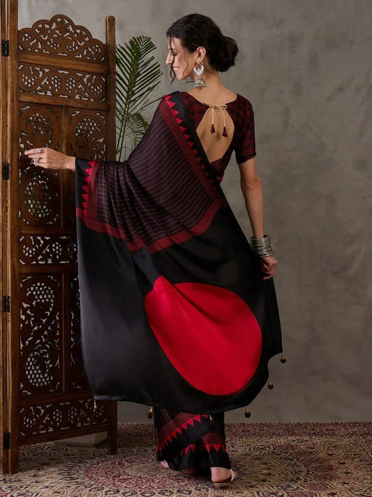 Black Semi Modal Saree with Blouse Piece - EZBER