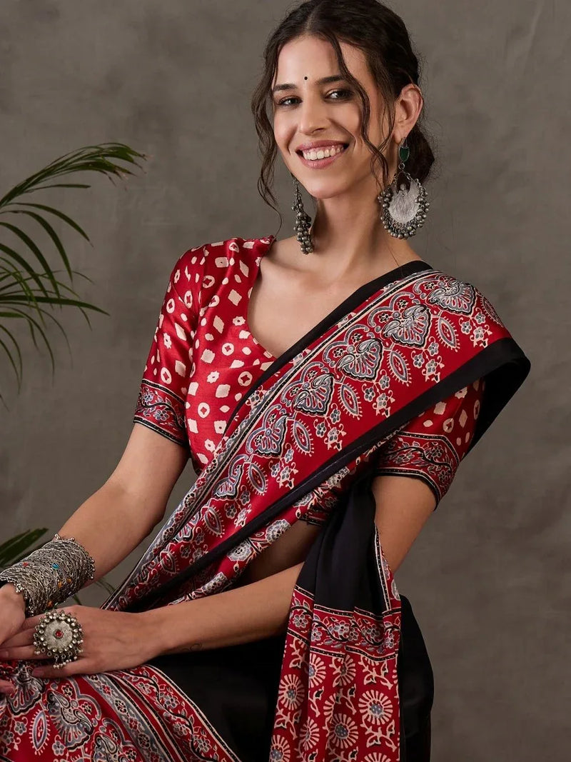Black Semi Modal Saree With Blouse Piece - EZBER