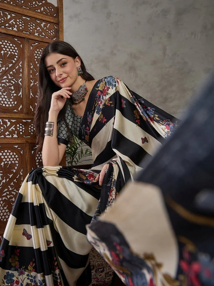 Black Semi Modal Saree With Blouse Piece - EZBER