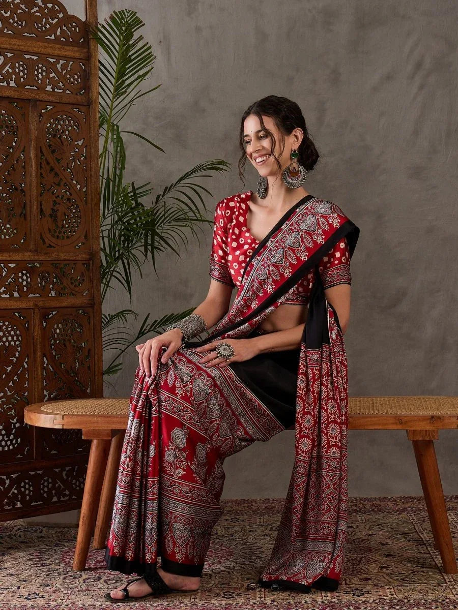 Black Semi Modal Saree With Blouse Piece - EZBER