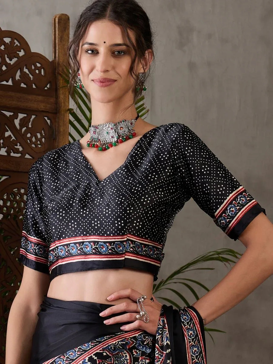 Black Semi Modal Saree With Blouse Piece - EZBER