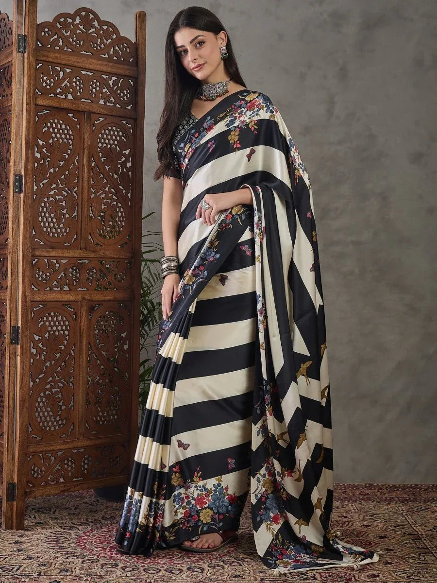 Black Semi Modal Saree With Blouse Piece - EZBER