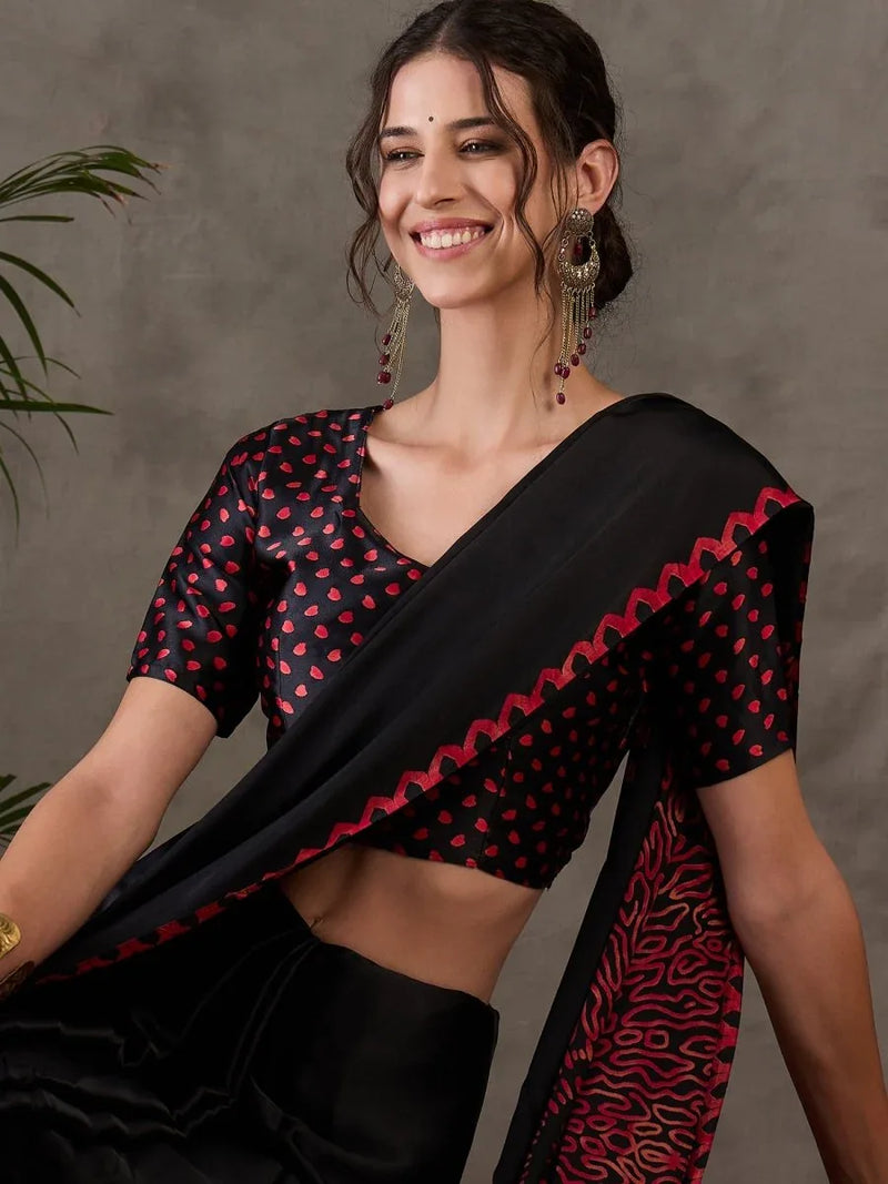 Black Semi Modal Saree With Blouse Piece - EZBER