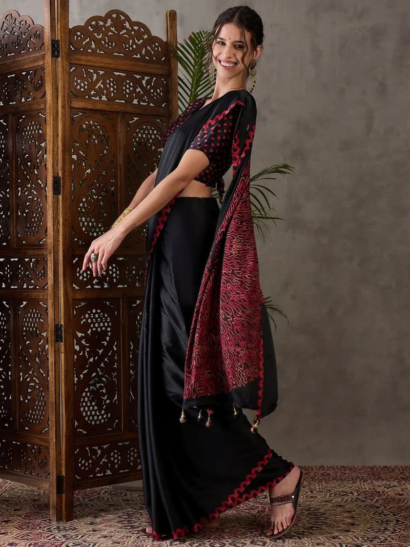 Black Semi Modal Saree With Blouse Piece - EZBER