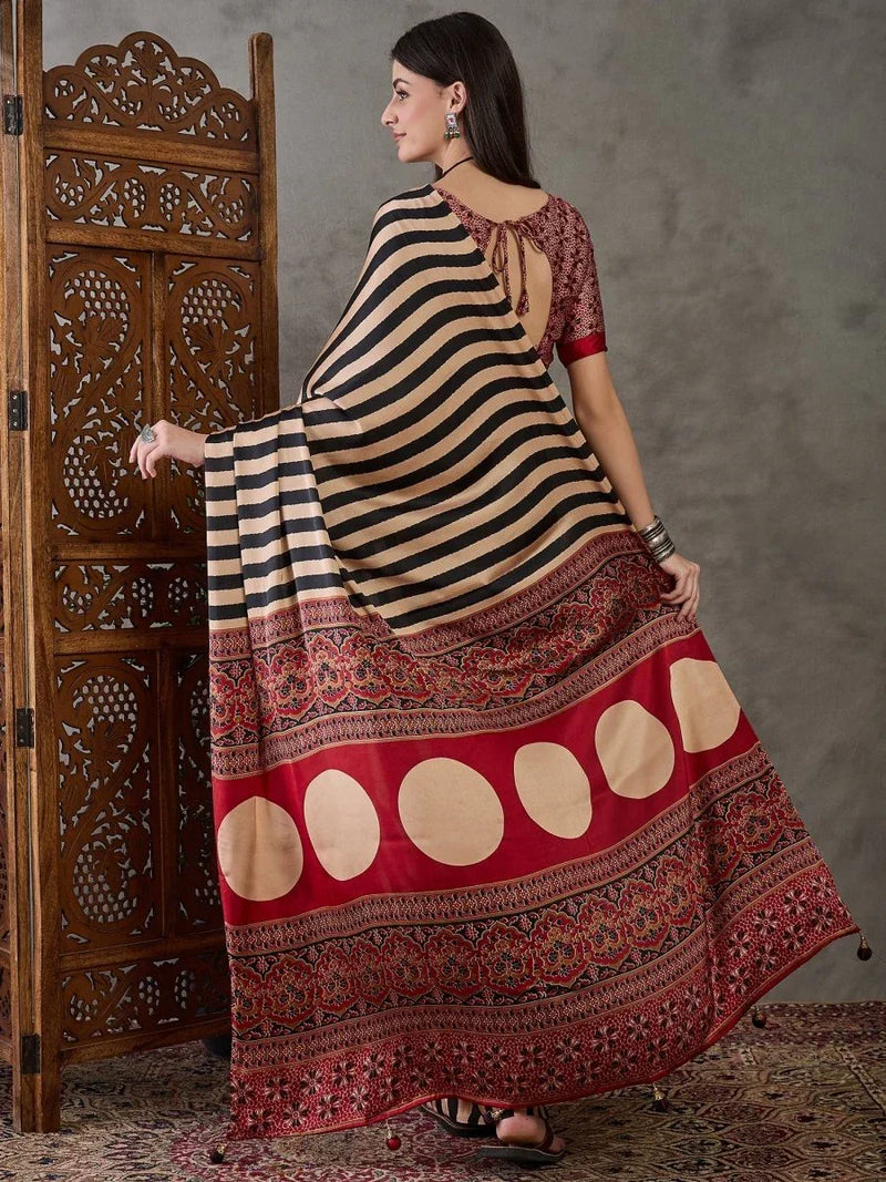 Black Semi Modal Saree With Blouse Piece - EZBER