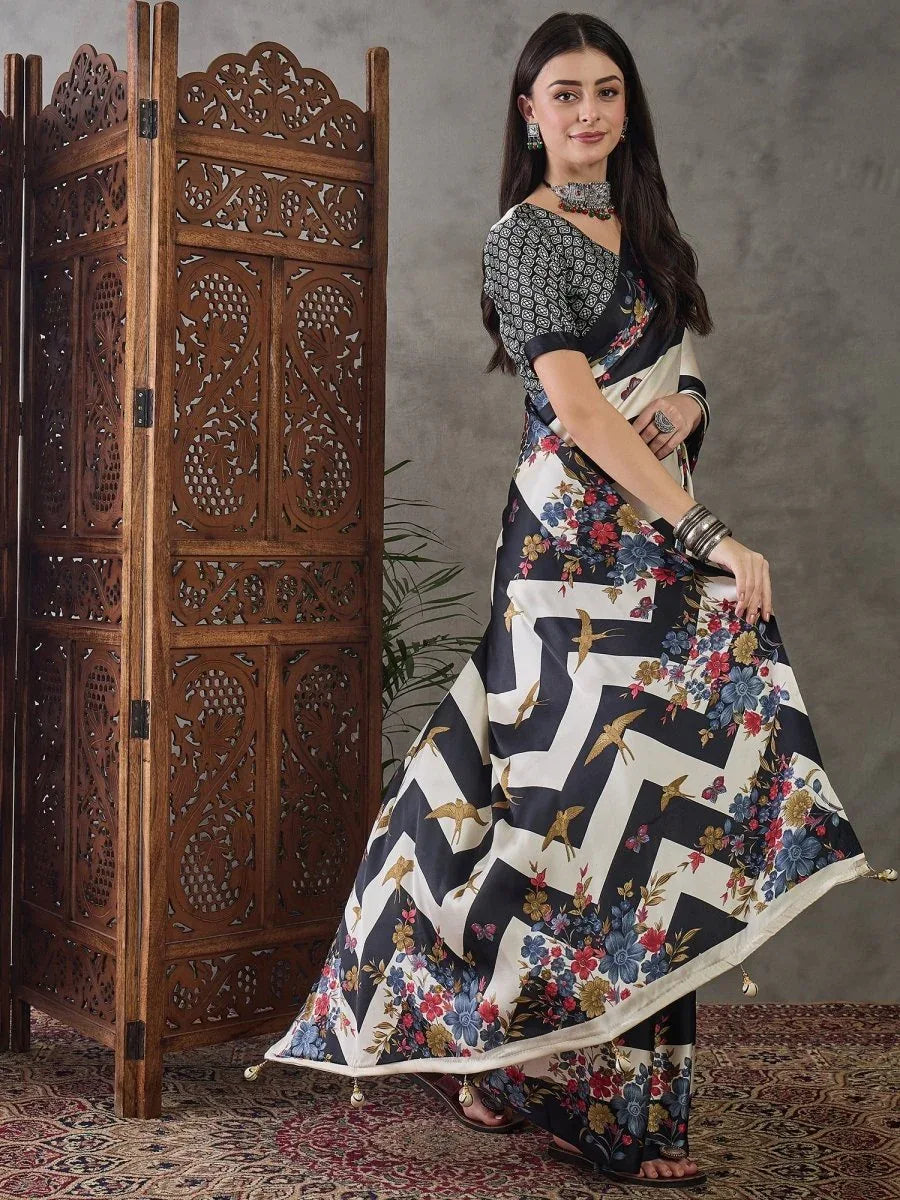 Black Semi Modal Saree With Blouse Piece - EZBER