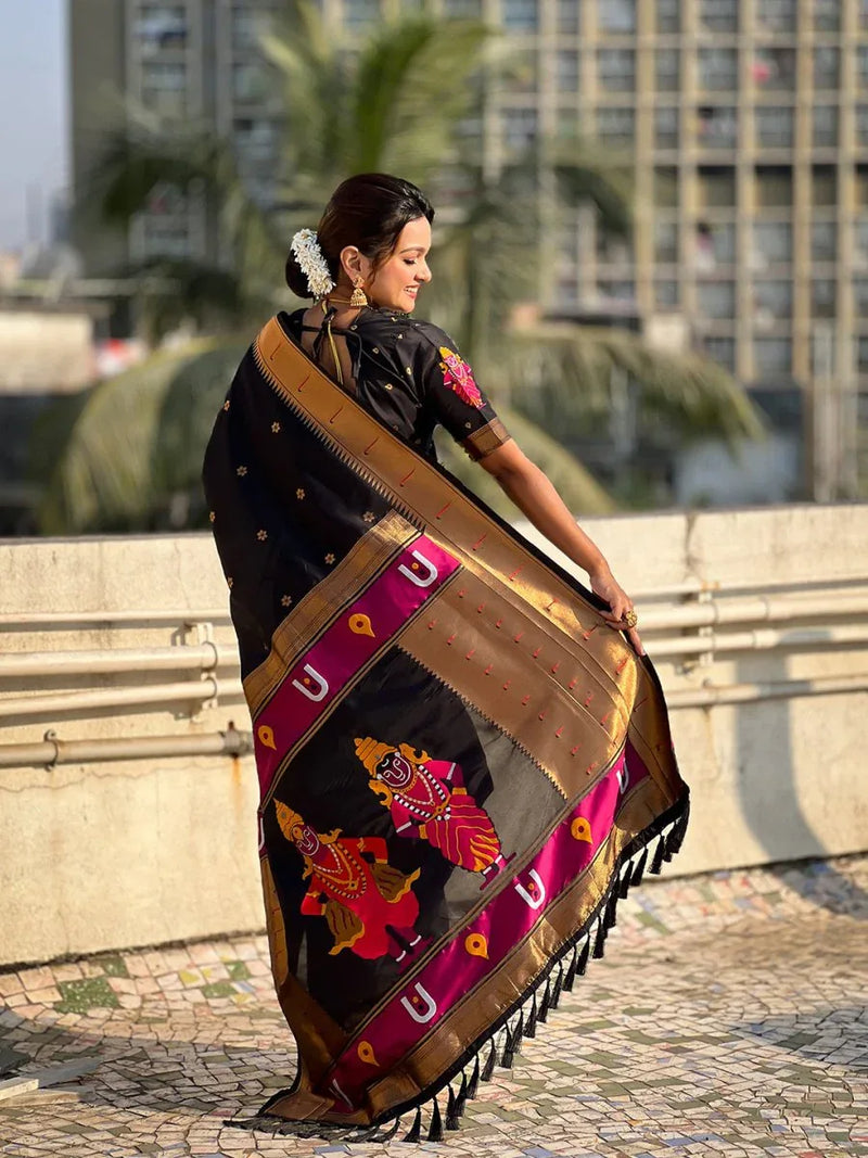 Black Soft Silk Saree With Blouse Piece - EZBER
