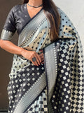 Black & White Silk Saree With Blouse Piece - EZBER