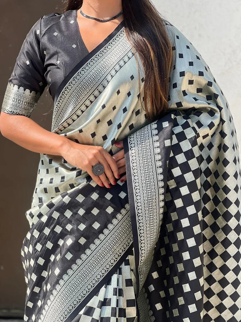 Black & White Silk Saree With Blouse Piece - EZBER