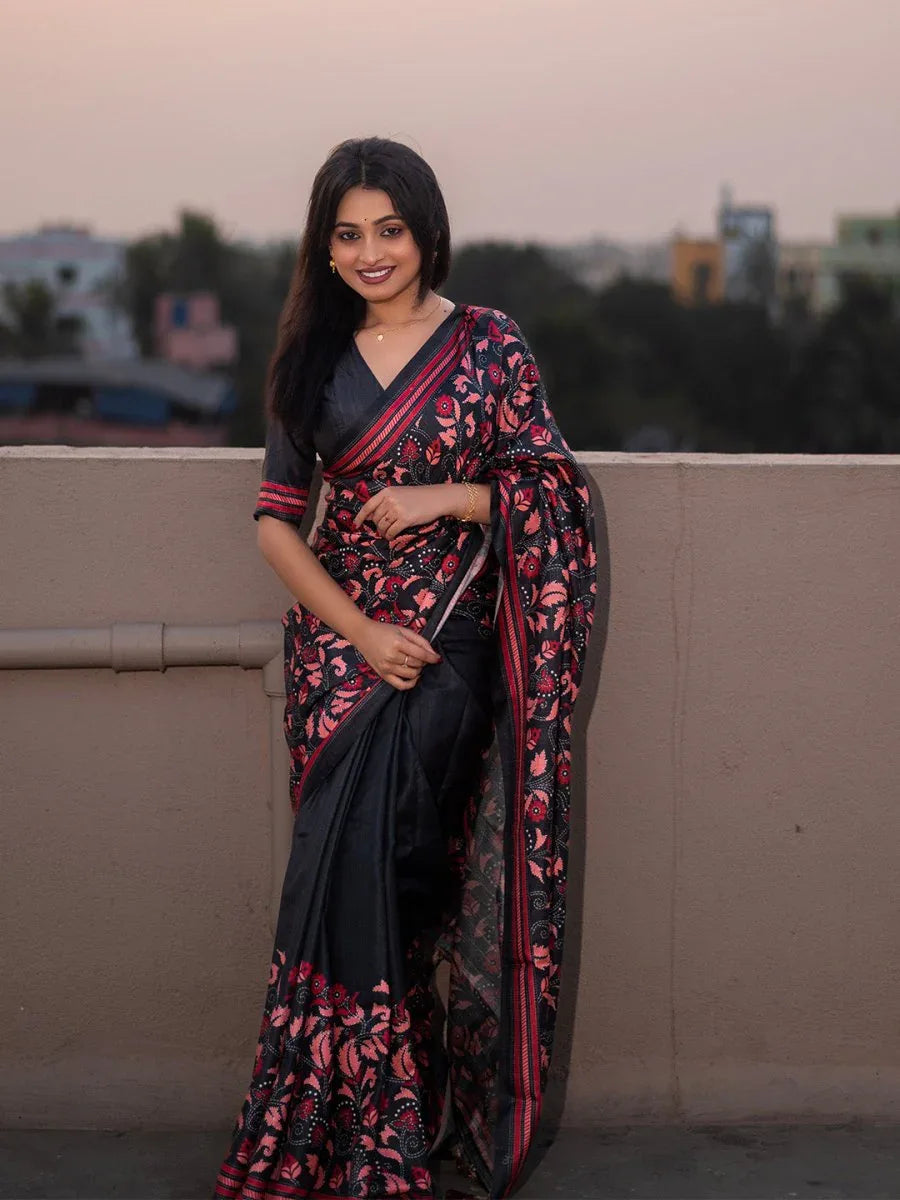 Black With Red Soft Kolam Silk Saree With Blouse Piece - EZBER