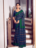 Blue And Green Mulmul Cottons Saree With Blouse Piece - EZBER