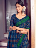 Blue And Green Mulmul Cottons Saree With Blouse Piece - EZBER