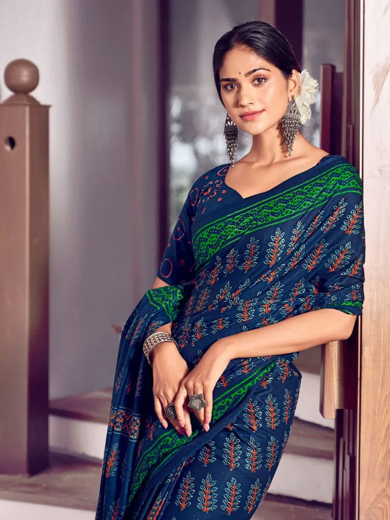 Blue And Green Mulmul Cottons Saree With Blouse Piece - EZBER