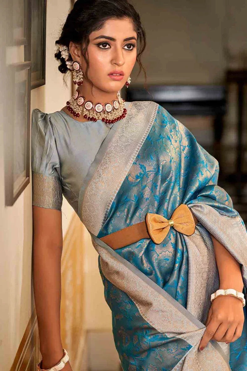 Blue And Grey Banarasi Saree - EZBER