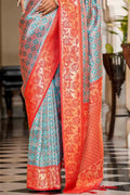 Blue And Orange Banarasi Saree - EZBER