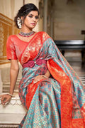 Blue And Orange Banarasi Saree - EZBER