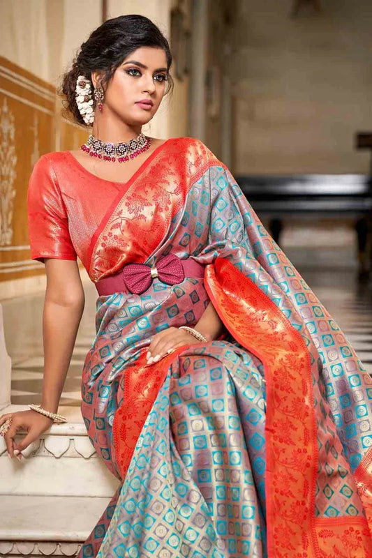 Blue And Orange Banarasi Saree - EZBER