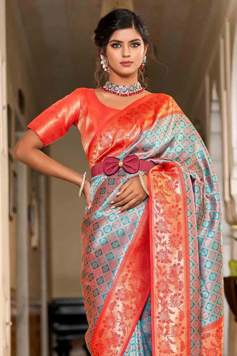 Blue And Orange Banarasi Saree - EZBER