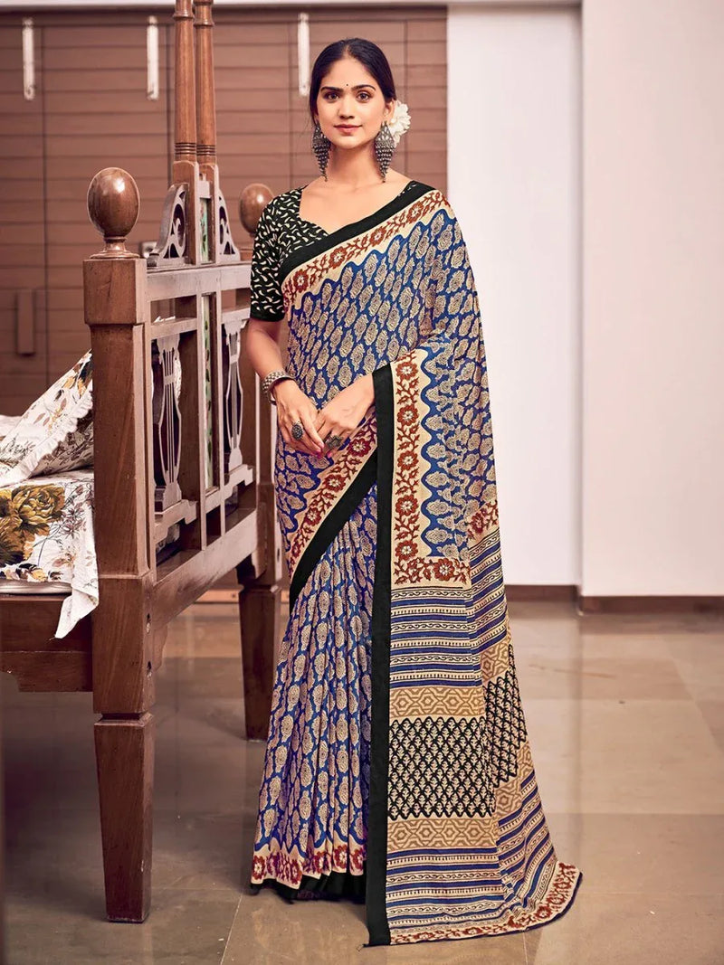 Blue And Red Mulmul Cottons Saree With Blouse Piece - EZBER