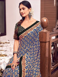 Blue And Red Mulmul Cottons Saree With Blouse Piece - EZBER