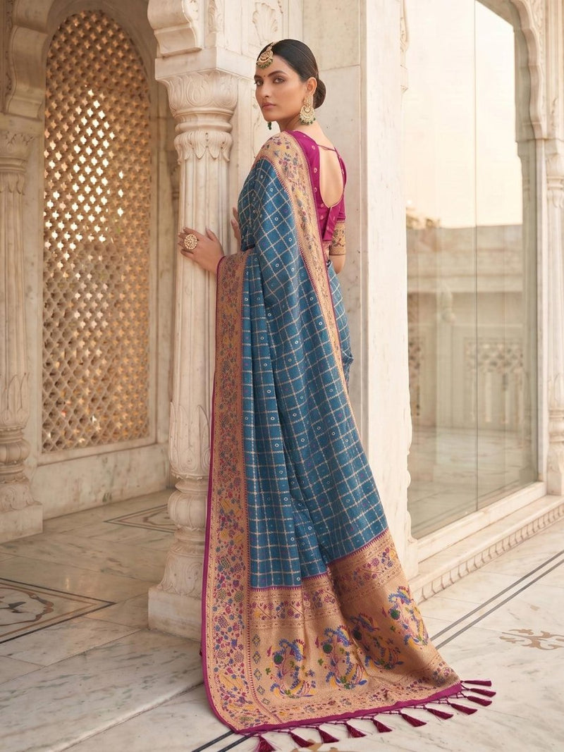 Blue Banarasi Silk Contrast Pallu Saree | EZB SI04 SUKLN1003 - EZBER