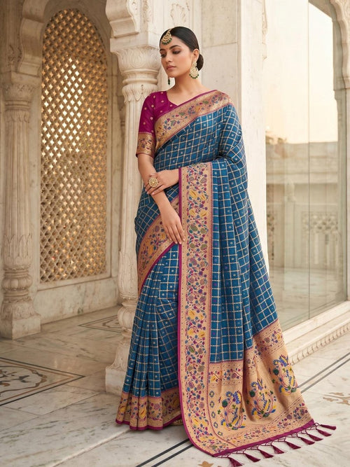 Blue Banarasi Silk Contrast Pallu Saree | EZB SI04 SUKLN1003 - EZBER