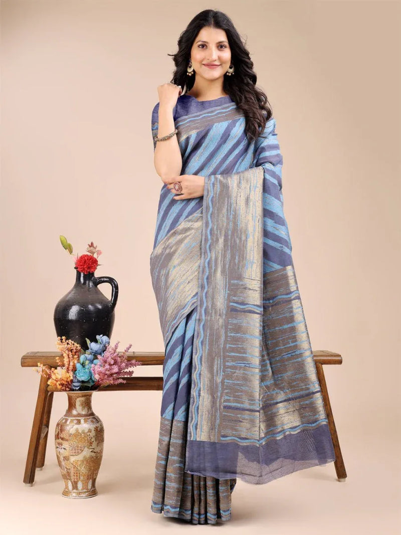 Blue Cotton Saree With Blouse Piece - EZBER