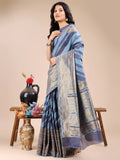 Blue Cotton Saree With Blouse Piece - EZBER