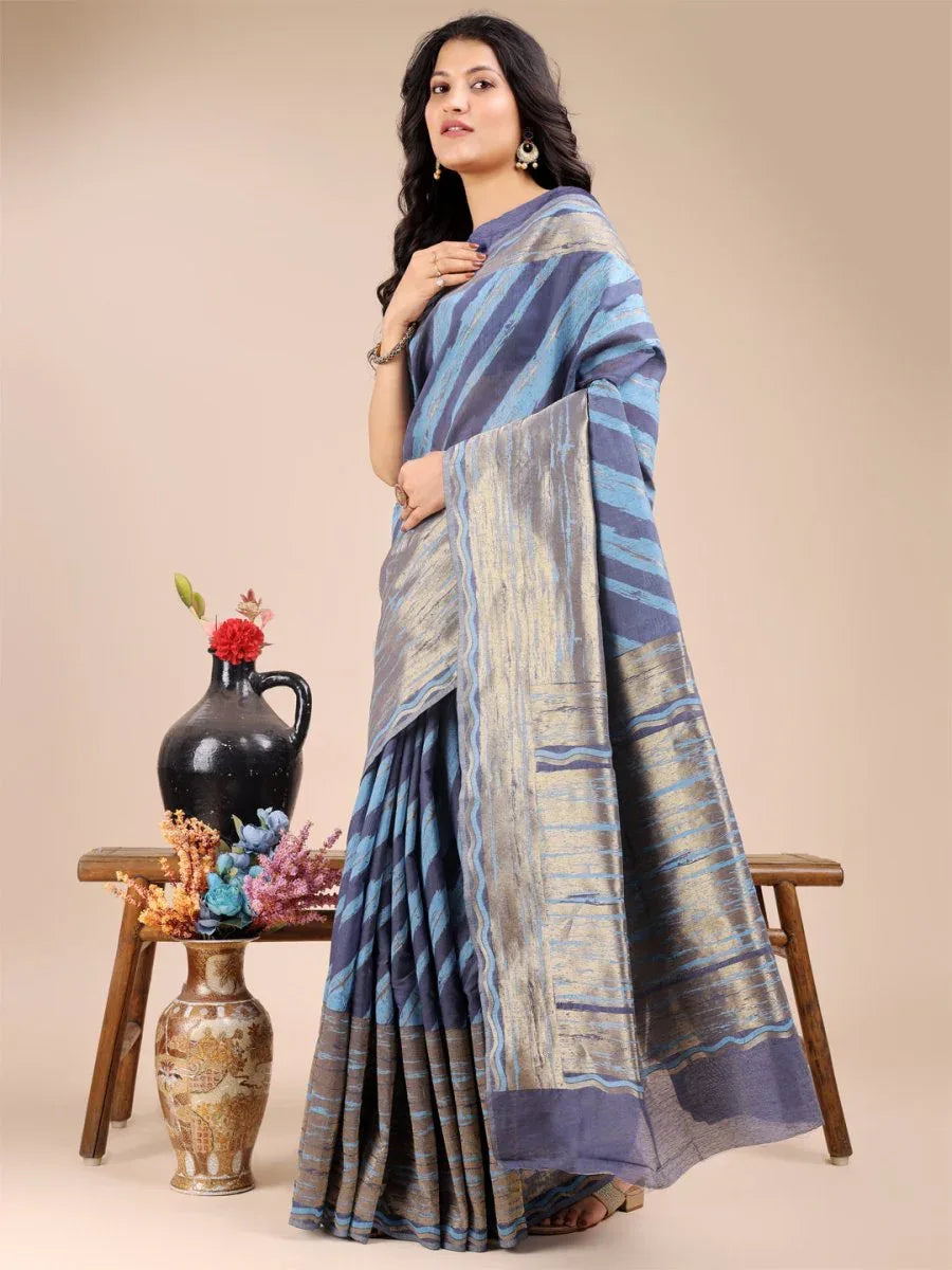 Blue Cotton Saree With Blouse Piece - EZBER