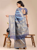 Blue Cotton Saree With Blouse Piece - EZBER