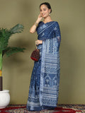 Blue Cotton Saree With Blouse Piece - EZBER