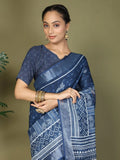 Blue Cotton Saree With Blouse Piece - EZBER