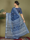 Blue Cotton Saree With Blouse Piece - EZBER
