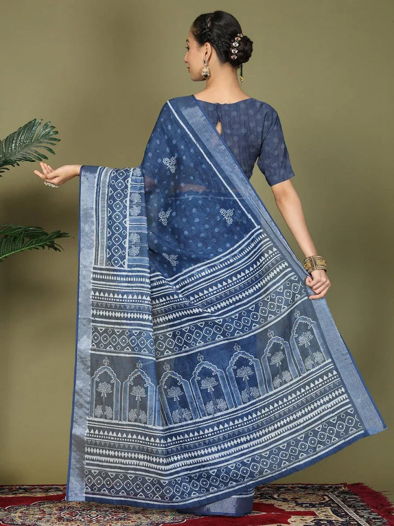 Blue Cotton Saree With Blouse Piece - EZBER